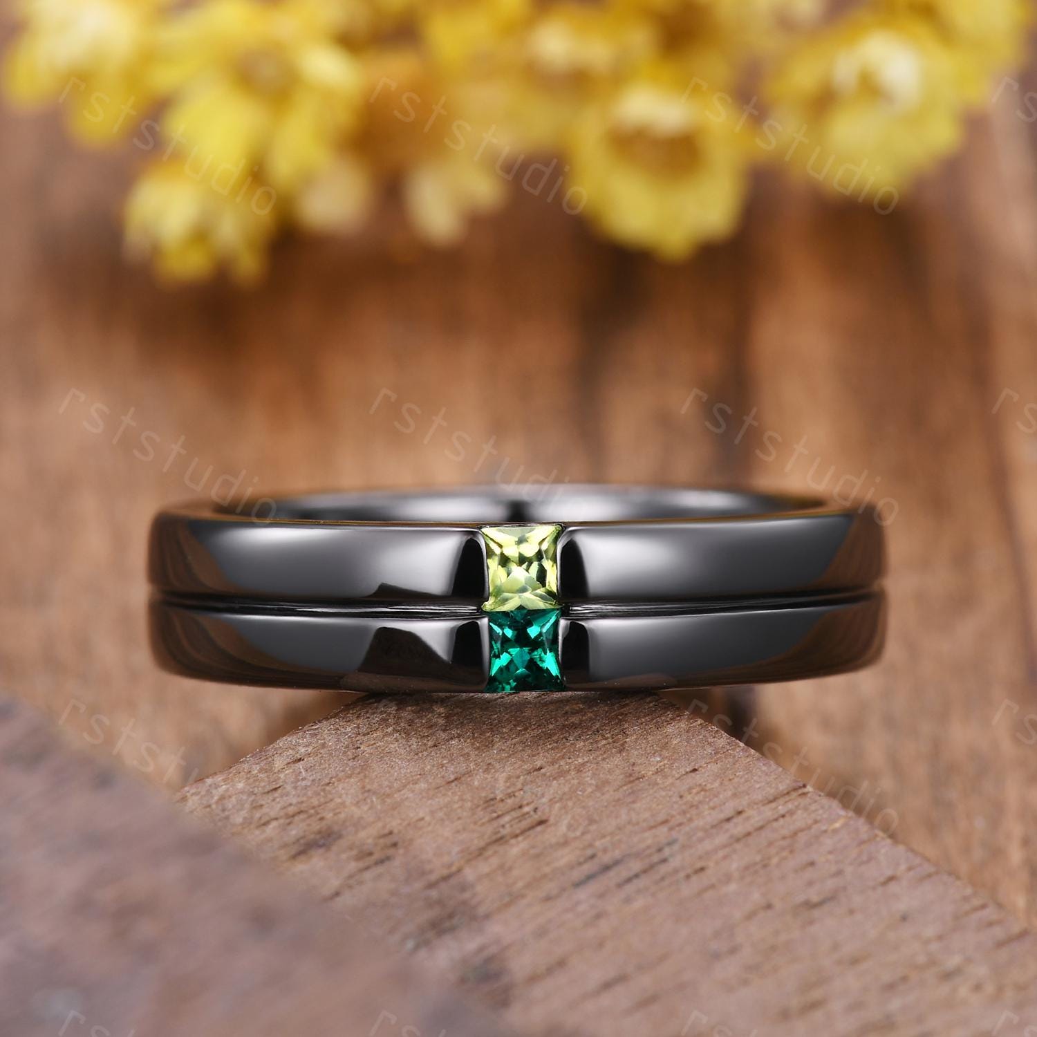 Gothic Black Gold Ring: Emerald Peridot Princess Cut Birthstone Band