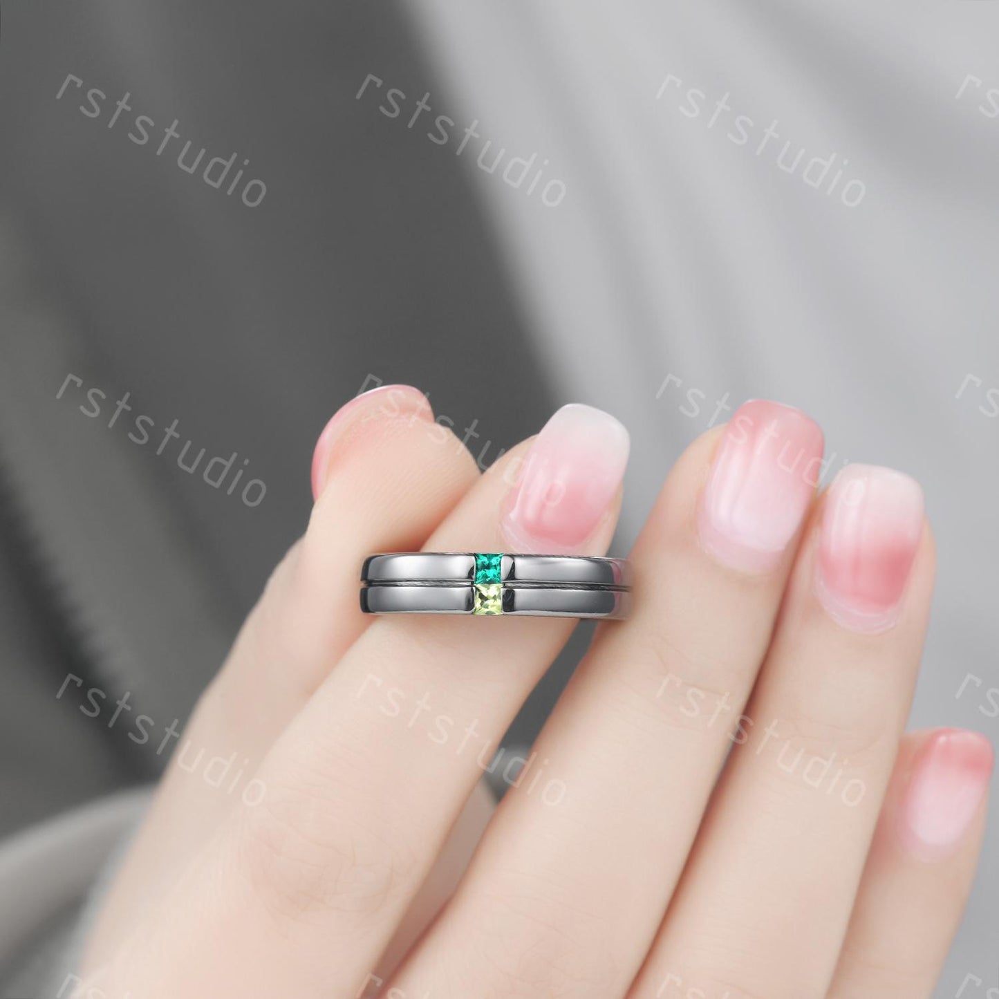 Gothic Black Gold Ring: Emerald Peridot Princess Cut Birthstone Band