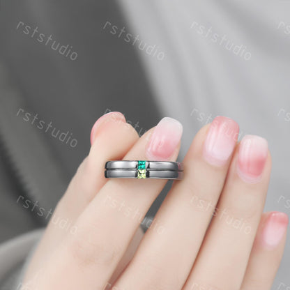 Gothic Black Gold Ring: Emerald Peridot Princess Cut Birthstone Band