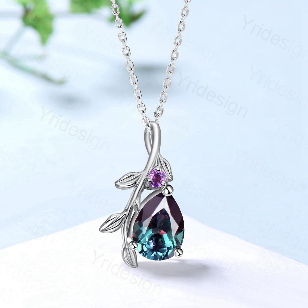Natural Inspired Alexandrite Pendant Necklace Amethyst leaf branch necklace elegant twisted pendant June birthstone anniversary gifts Women - PENFINE
