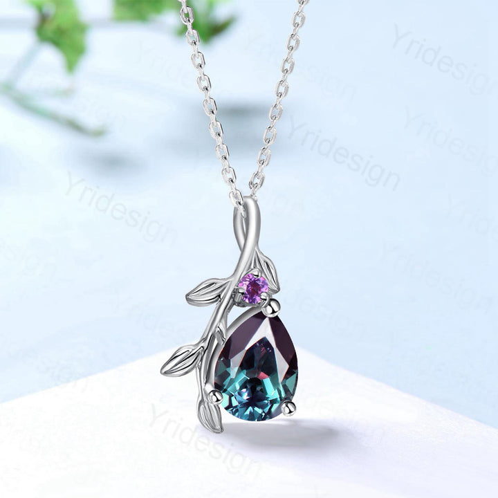 Natural Inspired Alexandrite Pendant Necklace Amethyst leaf branch necklace elegant twisted pendant June birthstone anniversary gifts Women - PENFINE