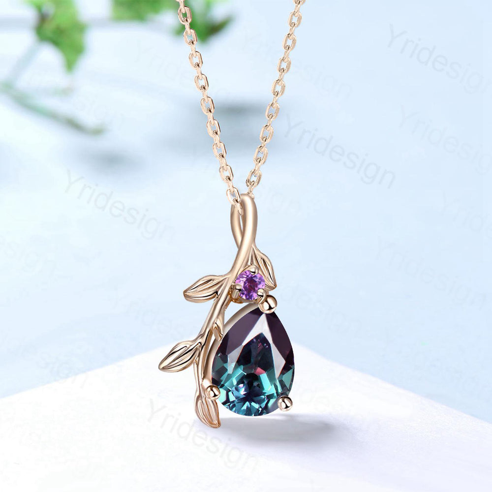 Natural Inspired Alexandrite Pendant Necklace Amethyst leaf branch necklace elegant twisted pendant June birthstone anniversary gifts Women - PENFINE