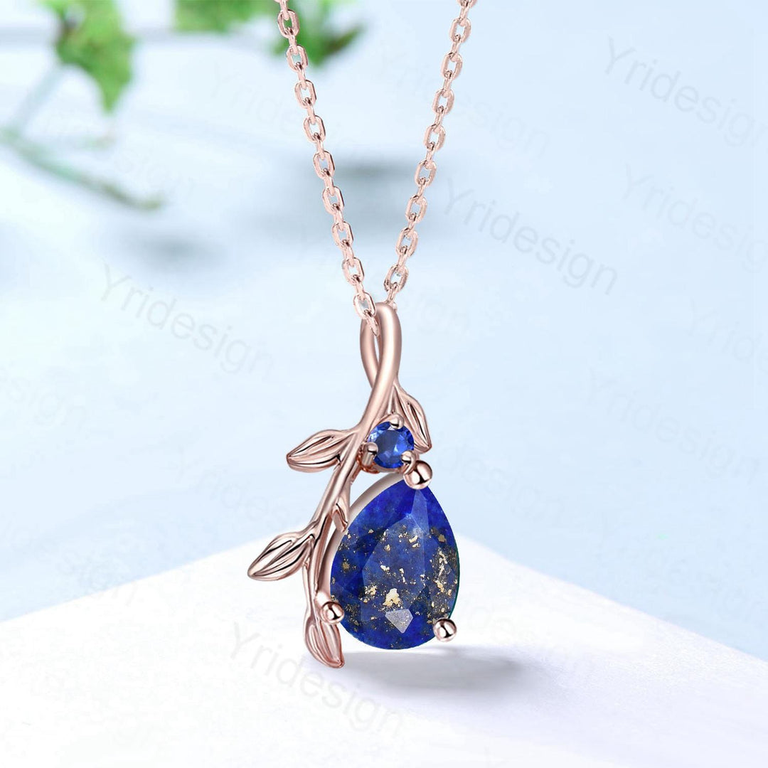 Natural Inspired Lapis Lazuli Pendant Necklace sapphire leaf branch necklace elegant twisted pendant mom anniversary gifts for daughter - PENFINE