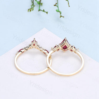 Vintage Kite Cut Morganite Engagement Ring Set Five Stone Ruby Natural Morganite Bridal Wedding ring Set Art Deco Anniversary Promise Gifts - PENFINE