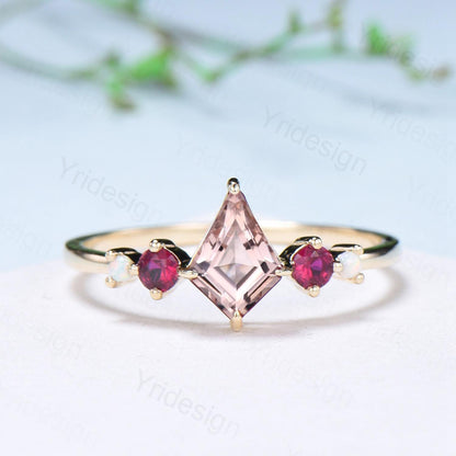 Vintage Kite Cut Morganite Engagement Ring Set Five Stone Ruby Natural Morganite Bridal Wedding ring Set Art Deco Anniversary Promise Gifts - PENFINE