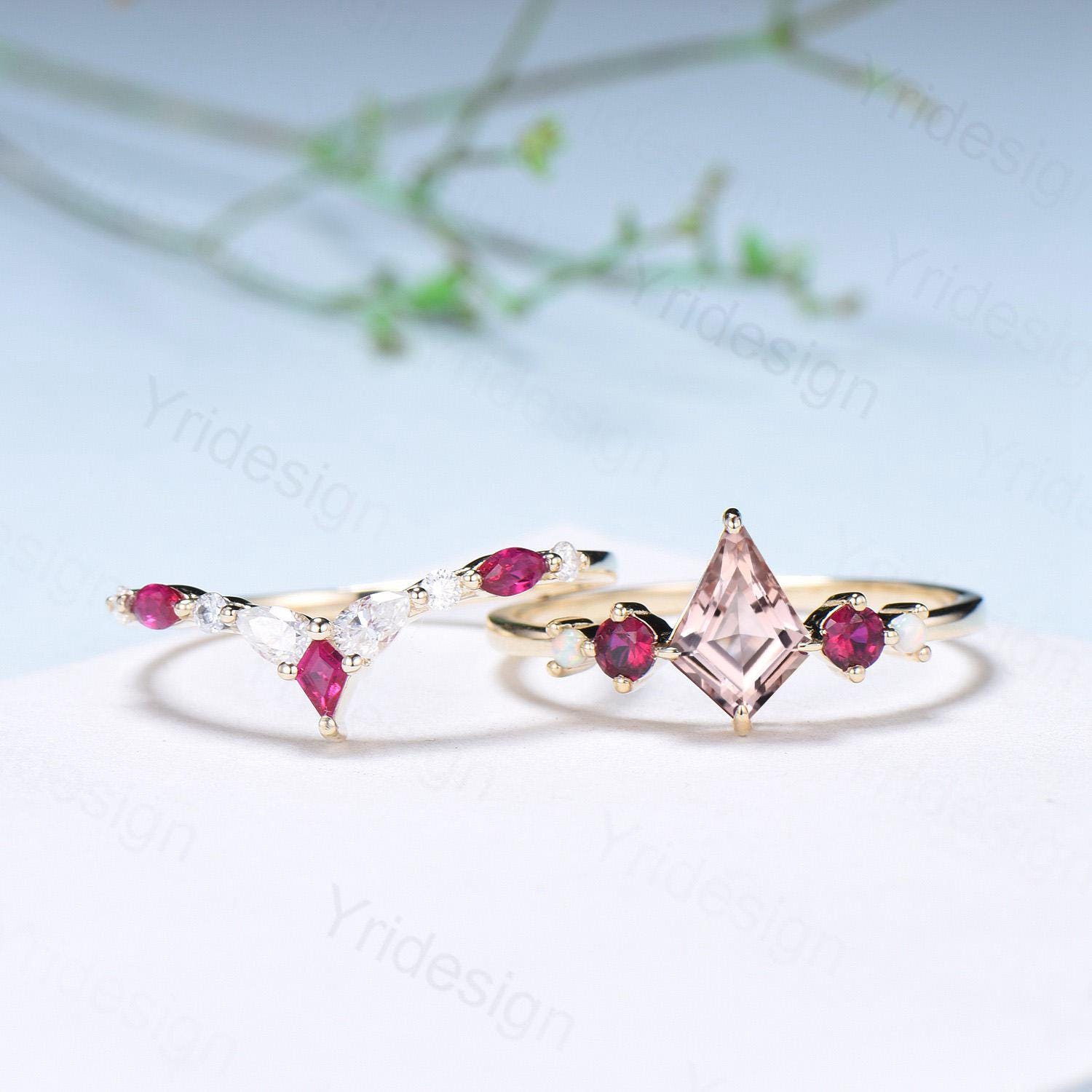 Vintage Kite Cut Morganite Engagement Ring Set Five Stone Ruby Natural Morganite Bridal Wedding ring Set Art Deco Anniversary Promise Gifts - PENFINE