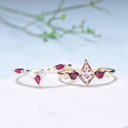 Vintage Kite Cut Morganite Engagement Ring Set Five Stone Ruby Natural Morganite Bridal Wedding ring Set Art Deco Anniversary Promise Gifts - PENFINE