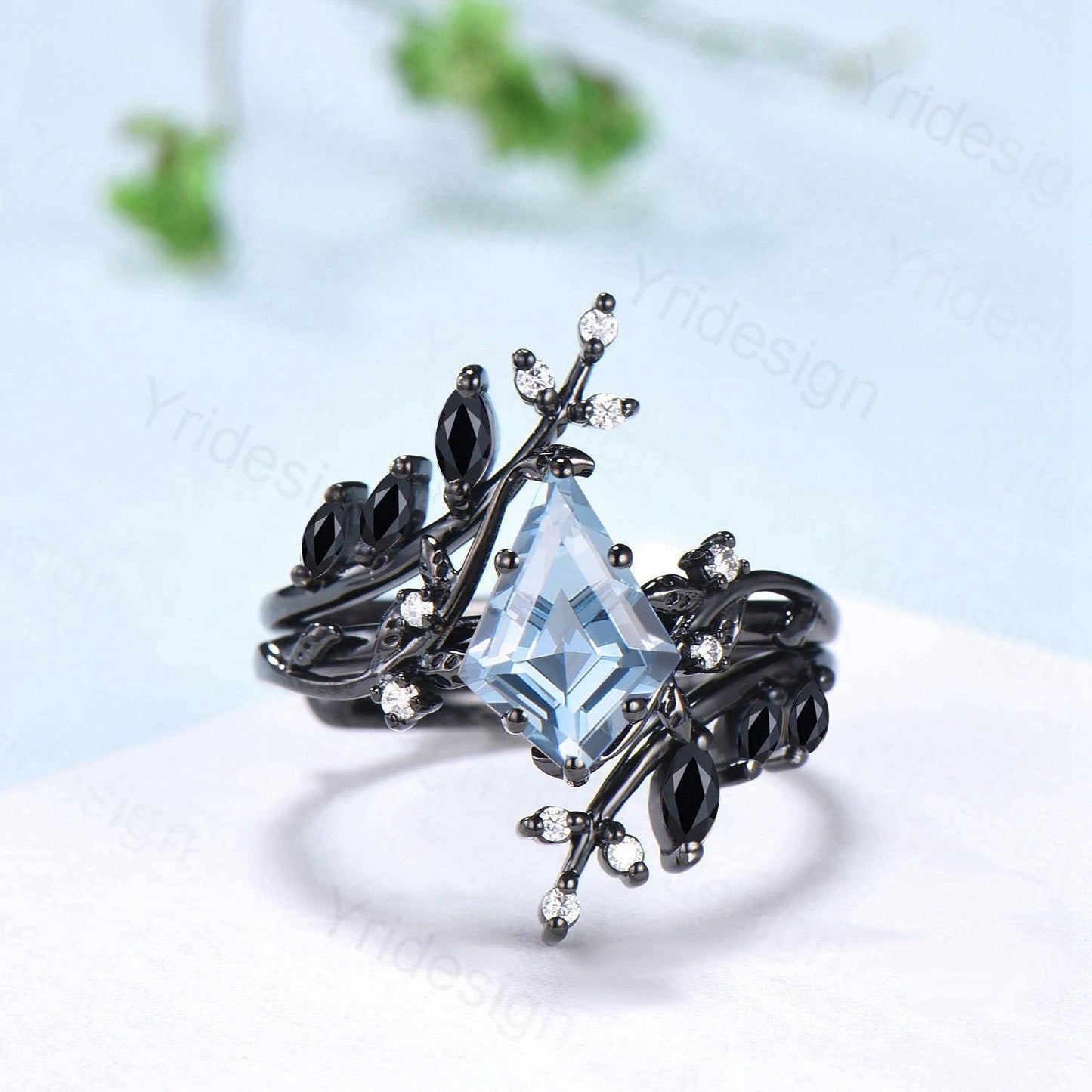 Gothic Aquamarine ring set Unique 7x10mm kite cut aquamarine engagement ring set black gold marquise moonstone nature inspired wedding set - PENFINE