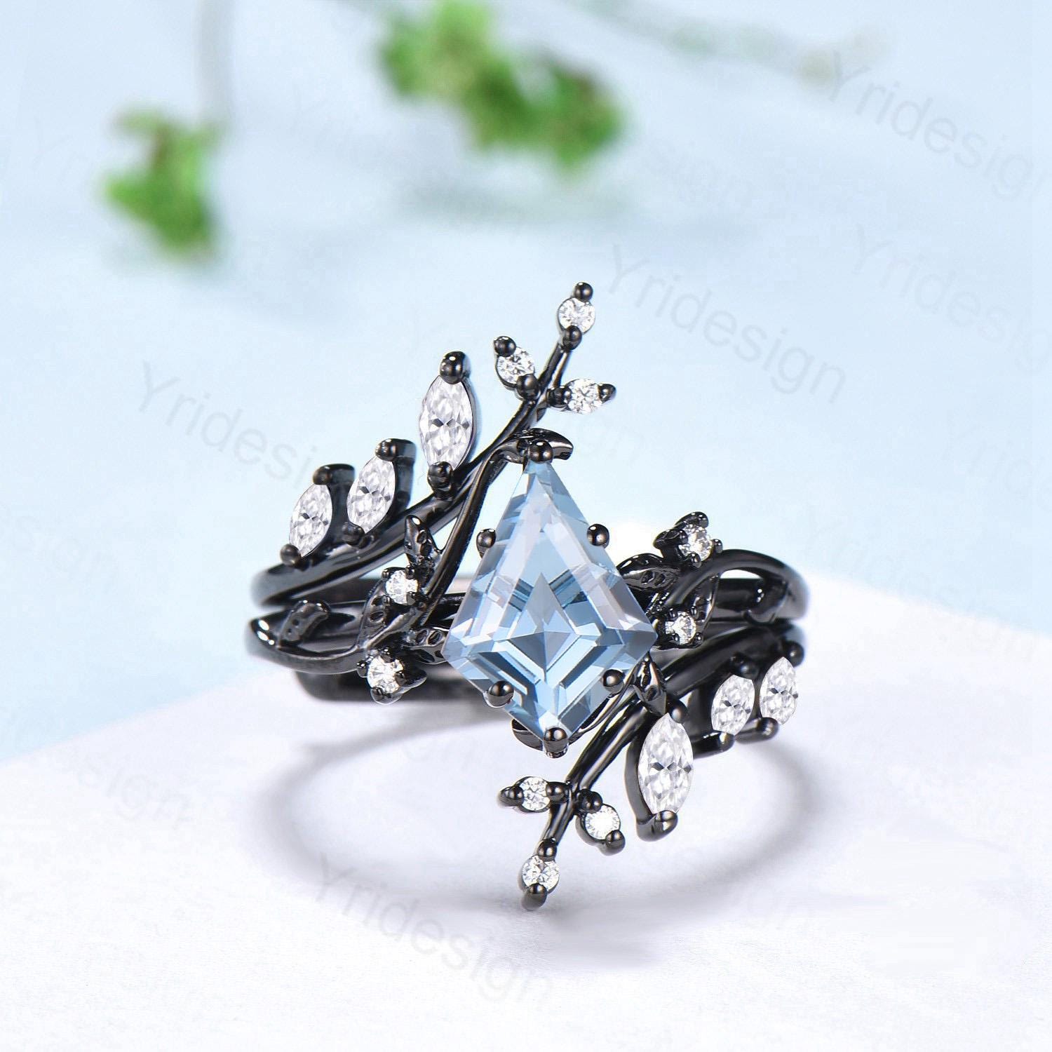 Gothic Aquamarine ring set Unique 7x10mm kite cut aquamarine engagement ring set black gold marquise moonstone nature inspired wedding set - PENFINE