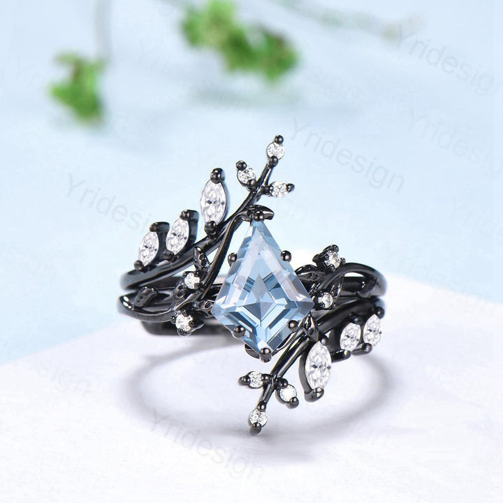 Gothic Aquamarine ring set Unique 7x10mm kite cut aquamarine engagement ring set black gold marquise moonstone nature inspired wedding set - PENFINE