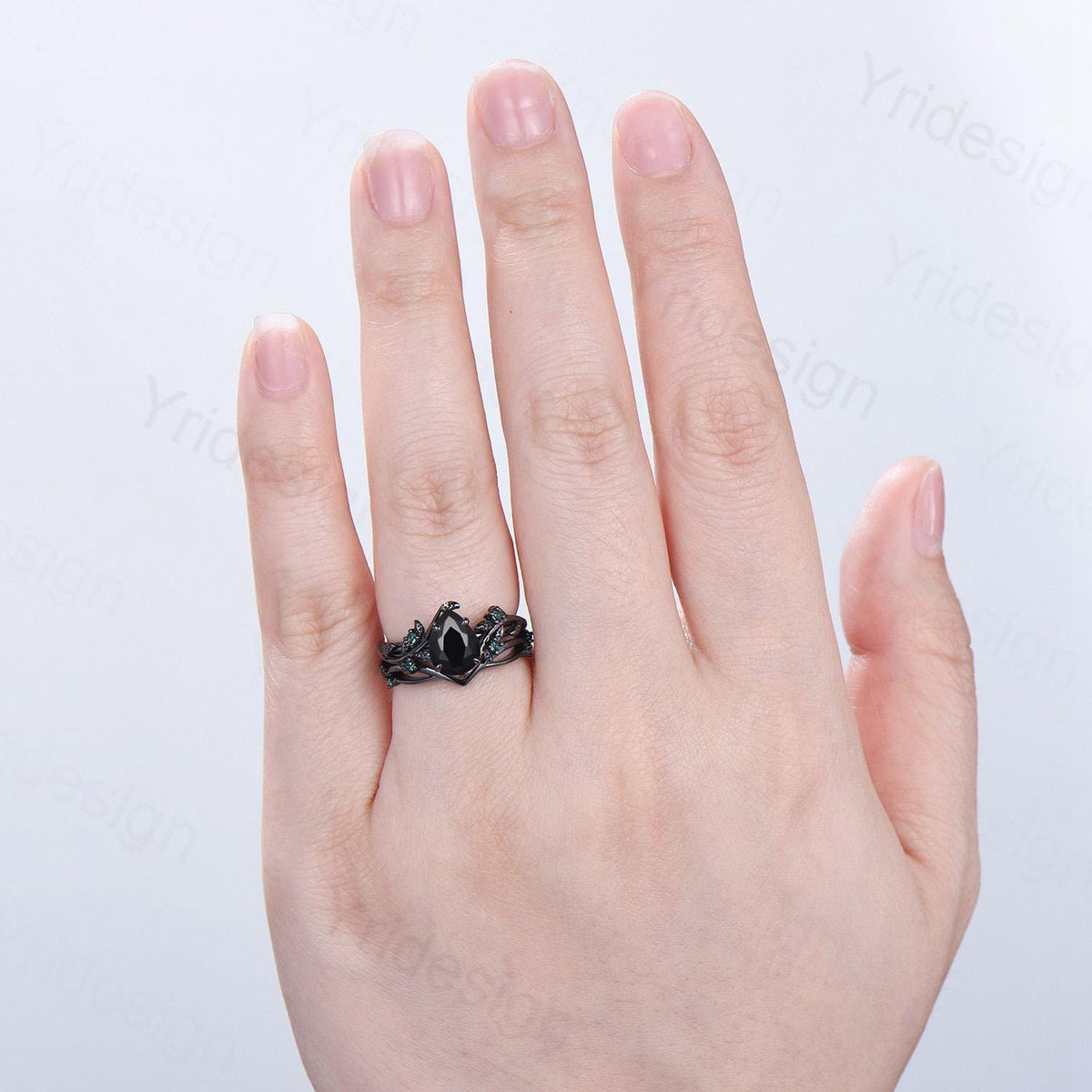 Pear shaped natural black onyx engagement ring set leaf design emerald gothic wedding set twig vine nature inspired emerald 2pcs bridal set - PENFINE