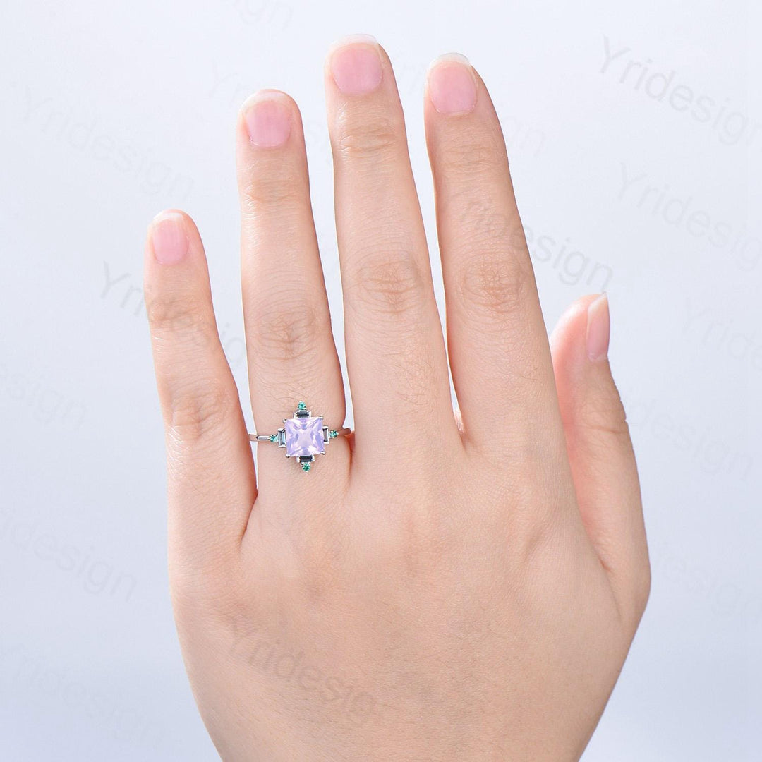 Unique 2 carat princess cut lavender amethyst ring halo baguette alexandrite purple engagement ring 14k white gold art deco anniversary gift - PENFINE