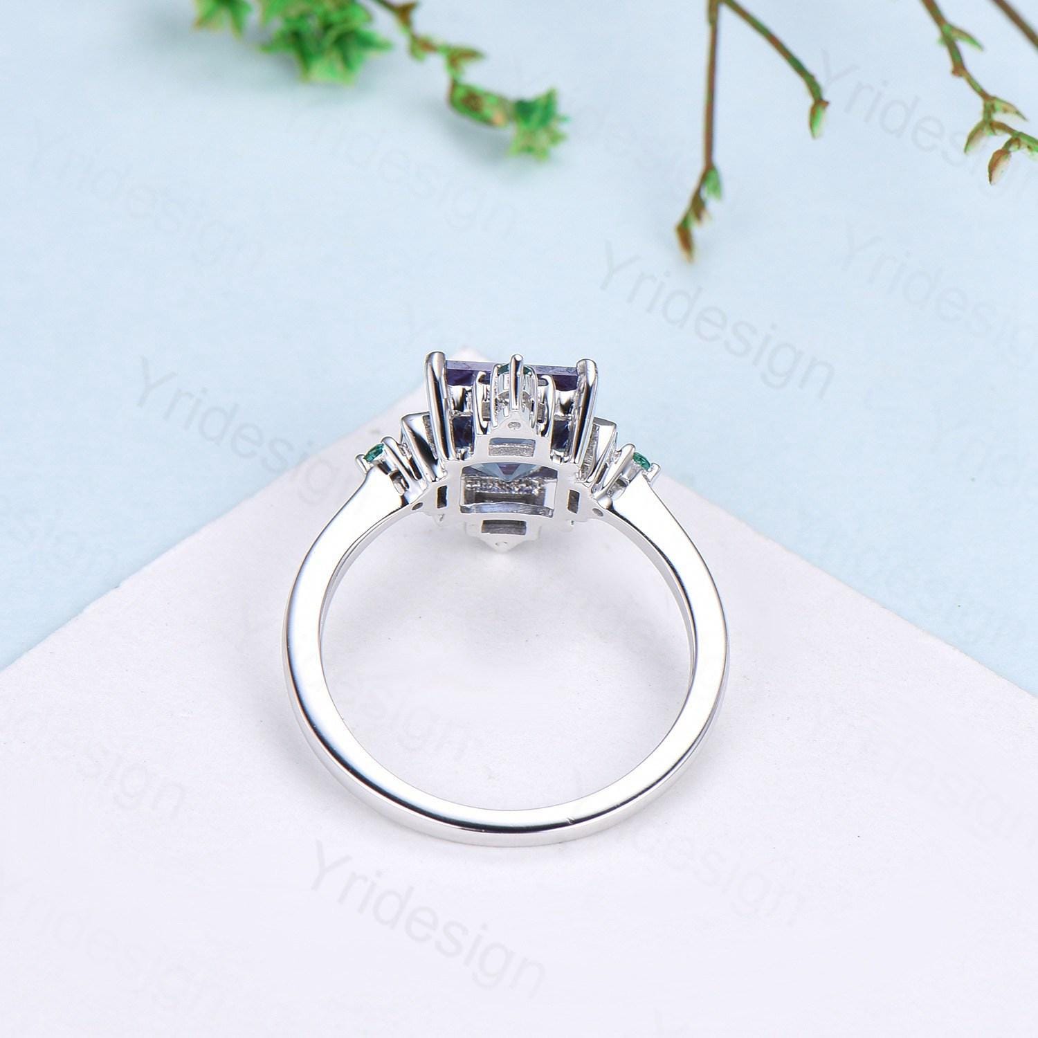 Unique 2 carat princess cut lavender amethyst ring halo baguette alexandrite purple engagement ring 14k white gold art deco anniversary gift - PENFINE