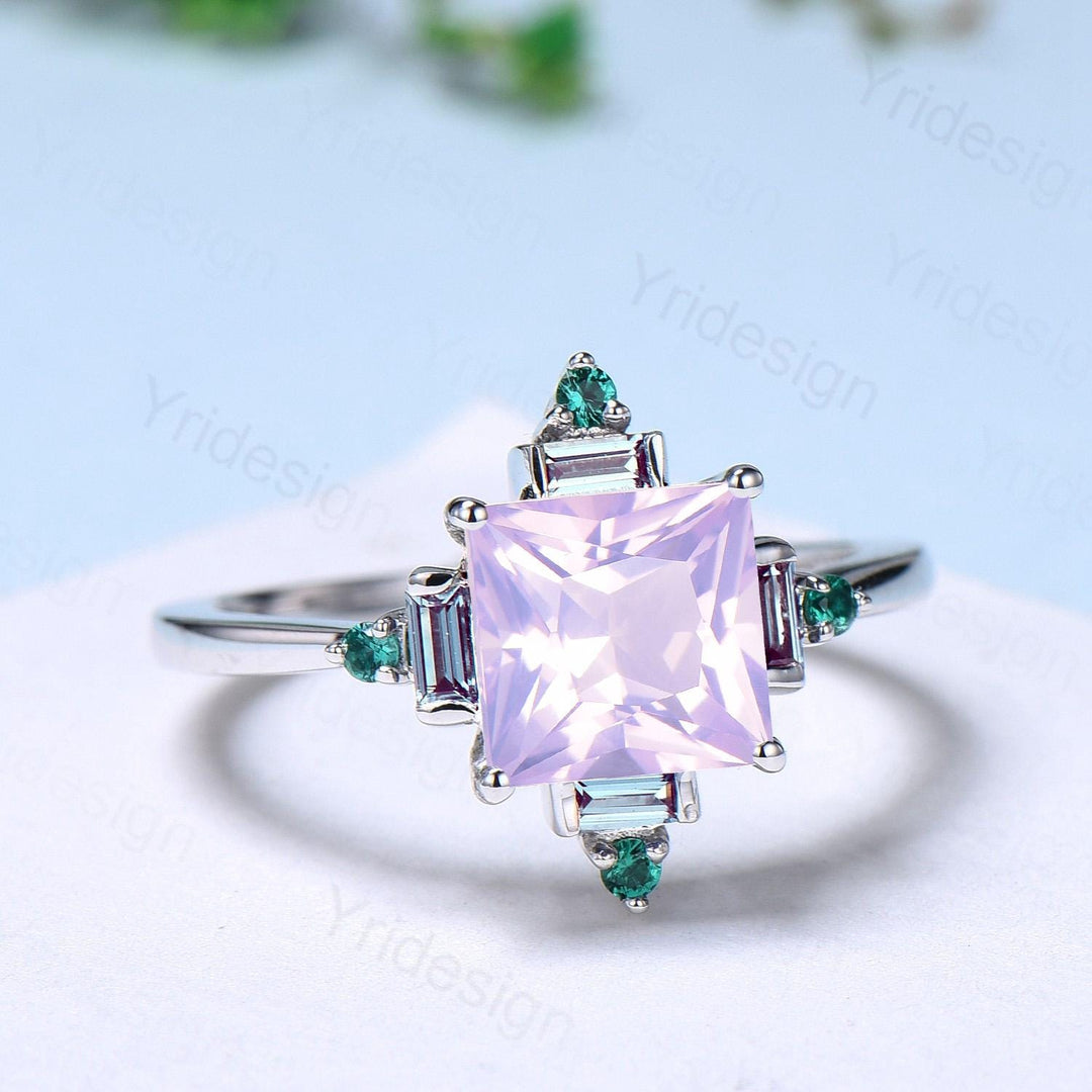 Unique 2 carat princess cut lavender amethyst ring halo baguette alexandrite purple engagement ring 14k white gold art deco anniversary gift - PENFINE