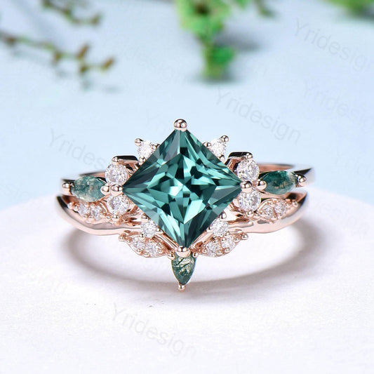 Vintage 2CT Princess Cut Green Sapphire Engagement Ring Set Cluster Marquise Moss Agate Wedding Ring Set 2pcs 14K Rose Gold Bridal Ring Set - PENFINE