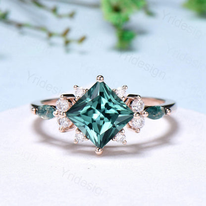 Vintage 2CT Princess Cut Green Sapphire Engagement Ring Set Cluster Marquise Moss Agate Wedding Ring Set 2pcs 14K Rose Gold Bridal Ring Set - PENFINE
