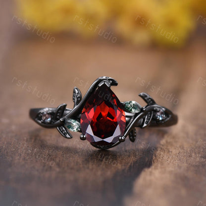 Couples Gothic Red Garnet Ring: Black Gold Hexagon Wedding Band