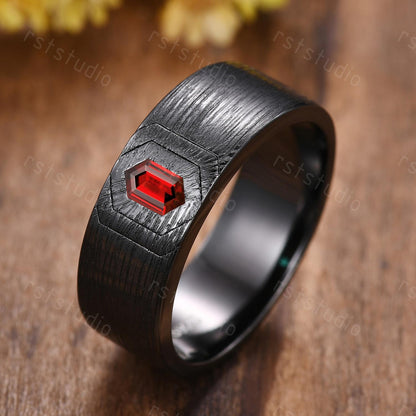 Couples Gothic Red Garnet Ring: Black Gold Hexagon Wedding Band