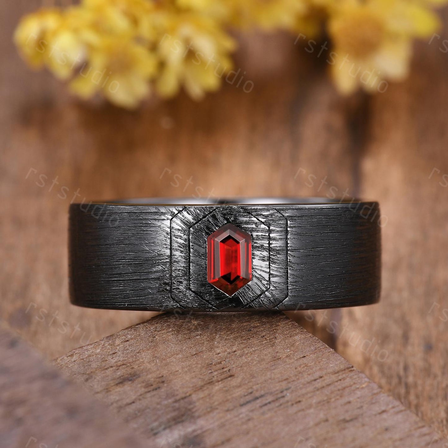 Couples Gothic Red Garnet Ring: Black Gold Hexagon Wedding Band