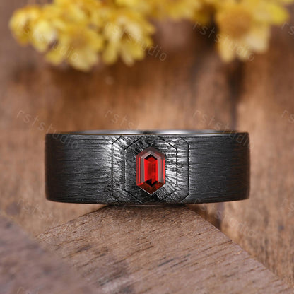 Couples Gothic Red Garnet Ring: Black Gold Hexagon Wedding Band