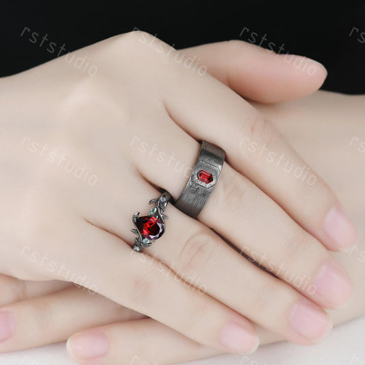 Mens Gothic Red Garnet Ring: Black Gold Hexagon Wedding Band