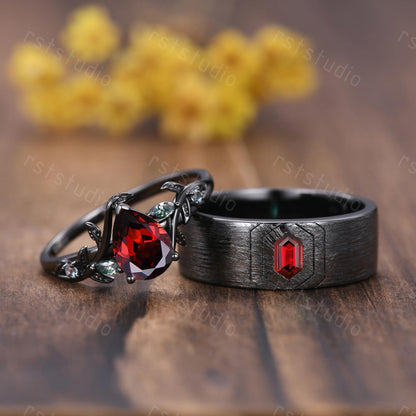 Couples Gothic Red Garnet Ring: Black Gold Hexagon Wedding Band