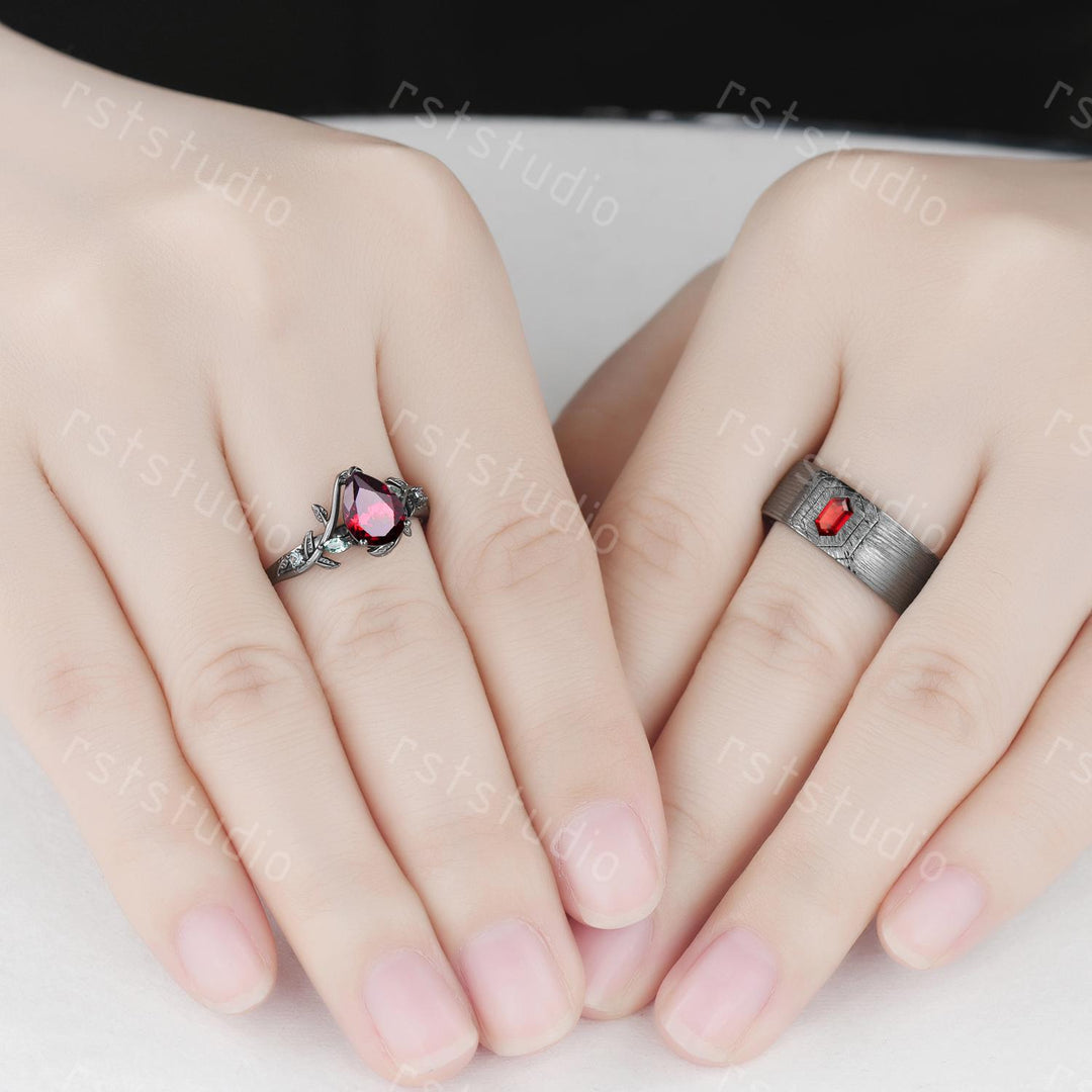 Mens Gothic Red Garnet Ring: Black Gold Hexagon Wedding Band