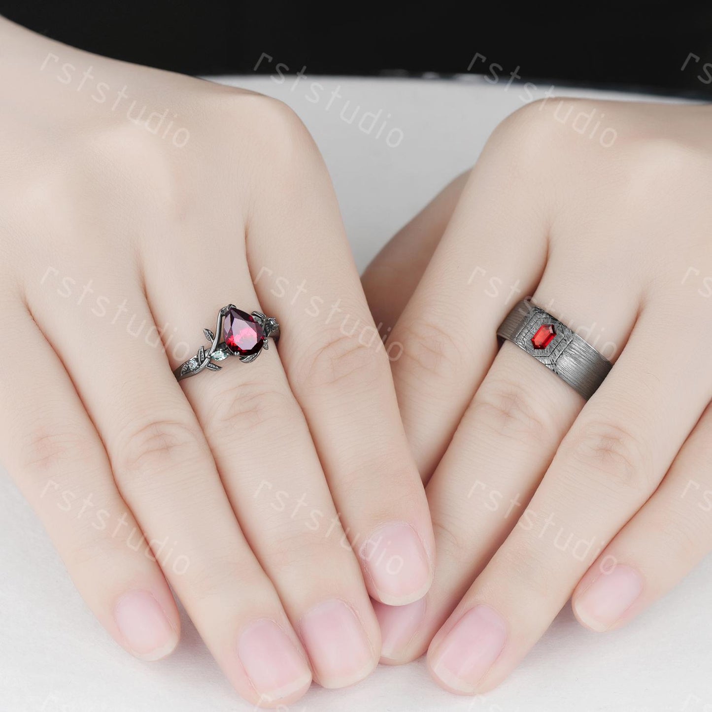 Couples Gothic Red Garnet Ring: Black Gold Hexagon Wedding Band