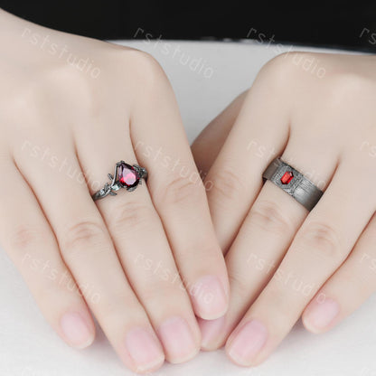 Couples Gothic Red Garnet Ring: Black Gold Hexagon Wedding Band