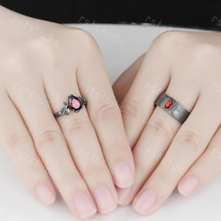 Mens Gothic Red Garnet Ring: Black Gold Hexagon Wedding Band