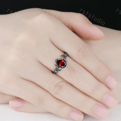 Couples Gothic Red Garnet Ring: Black Gold Hexagon Wedding Band