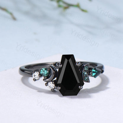 Coffin cut black onyx ring Black gold gothic engagement ring moon design cluster emerald wedding ring vintage anniversary promise ring women - PENFINE