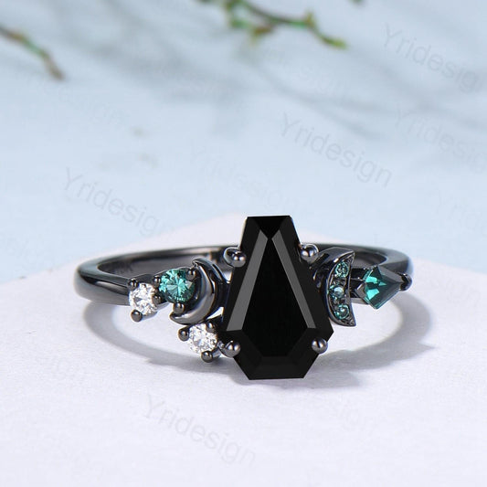Coffin cut black onyx ring Black gold gothic engagement ring moon design cluster emerald wedding ring vintage anniversary promise ring women - PENFINE