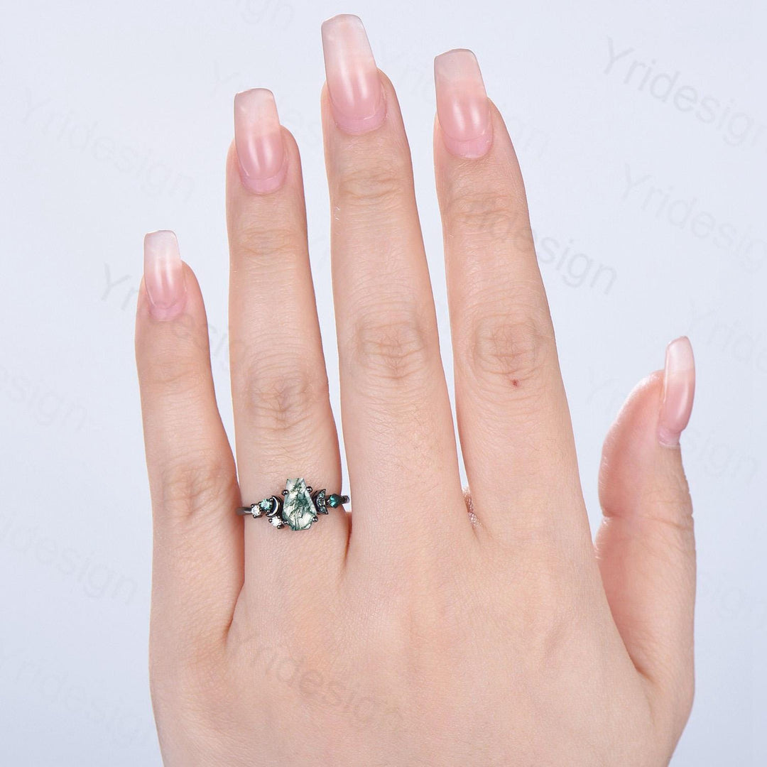 Coffin cut moss agate ring Black gold gothic engagement ring moon design cluster emerald wedding ring unique anniversary promise ring women - PENFINE