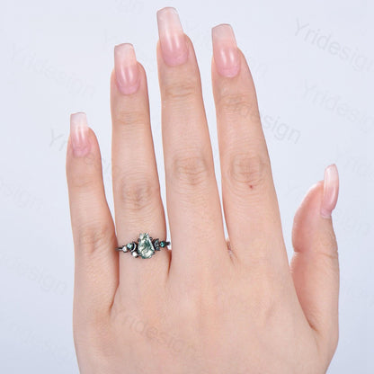 Coffin cut moss agate ring Black gold gothic engagement ring moon design cluster emerald wedding ring unique anniversary promise ring women - PENFINE