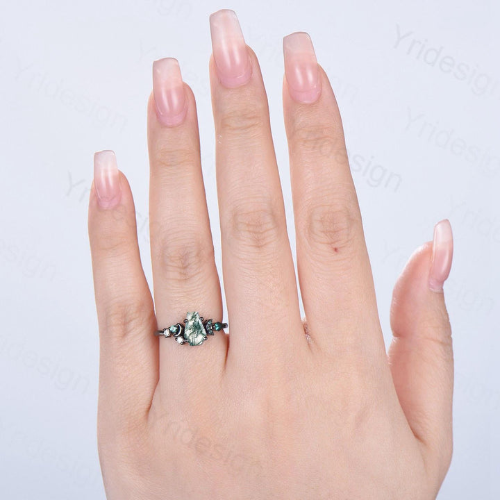 Coffin cut moss agate ring Black gold gothic engagement ring moon design cluster emerald wedding ring unique anniversary promise ring women - PENFINE