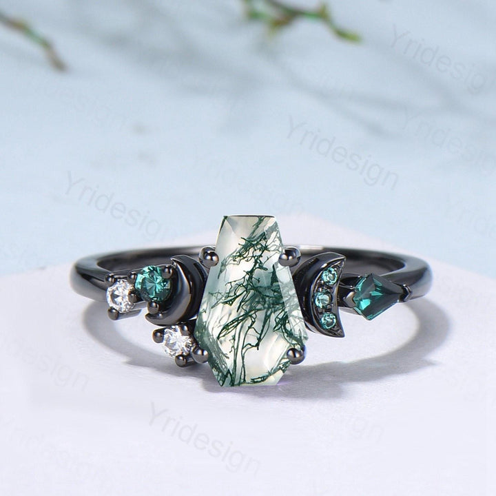 Coffin cut moss agate ring Black gold gothic engagement ring moon design cluster emerald wedding ring unique anniversary promise ring women - PENFINE