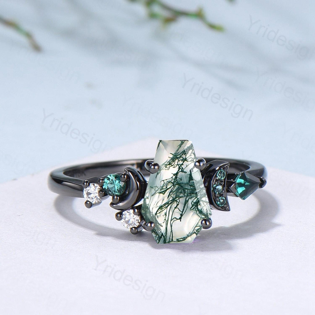 Coffin cut moss agate ring Black gold gothic engagement ring moon design cluster emerald wedding ring unique anniversary promise ring women - PENFINE