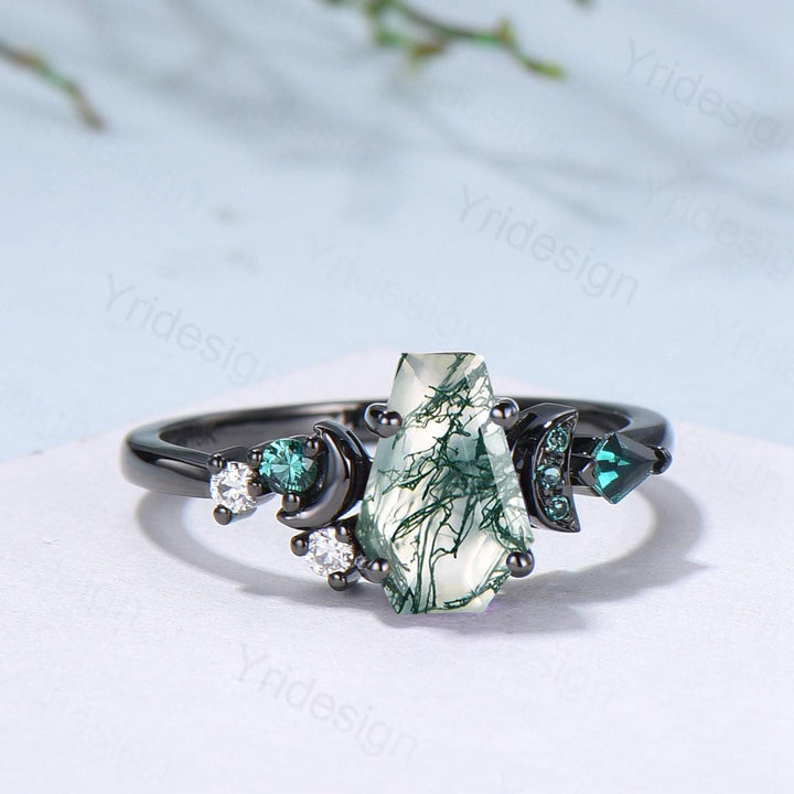 Coffin cut moss agate ring Black gold gothic engagement ring moon design cluster emerald wedding ring unique anniversary promise ring women - PENFINE