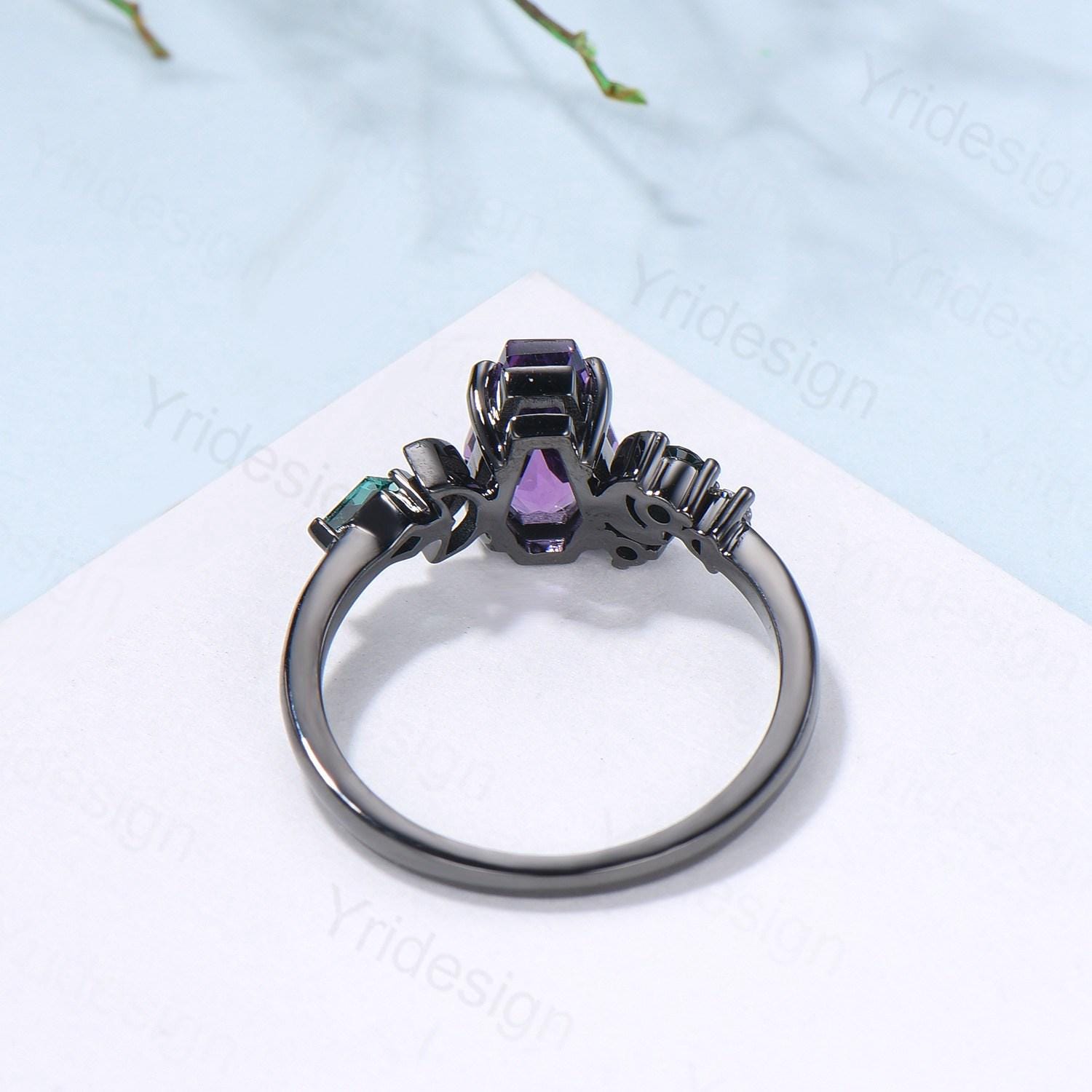 Coffin cut black rutilated quartz ring Black gold gothic engagement ring moon cluster emerald wedding ring anniversary promise ring for girl - PENFINE