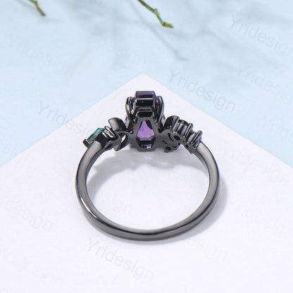 Coffin cut black rutilated quartz ring Black gold gothic engagement ring moon cluster emerald wedding ring anniversary promise ring for girl - PENFINE