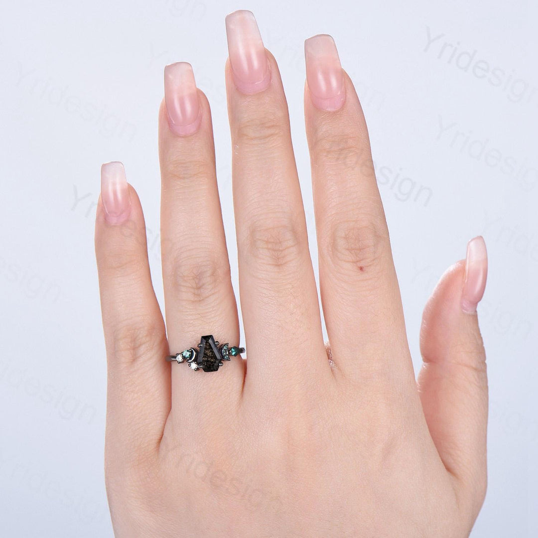 Coffin cut black rutilated quartz ring Black gold gothic engagement ring moon cluster emerald wedding ring anniversary promise ring for girl - PENFINE