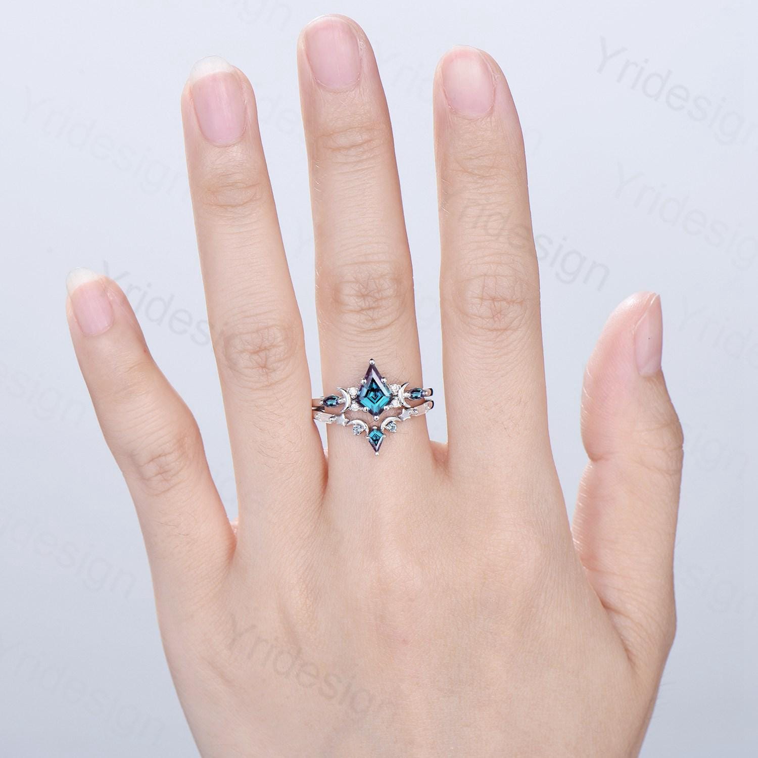 Black gold kite cut alexandrite engagement ring set Crescent moon star color change June birthstone ring unique gothic bridal ring set women - PENFINE