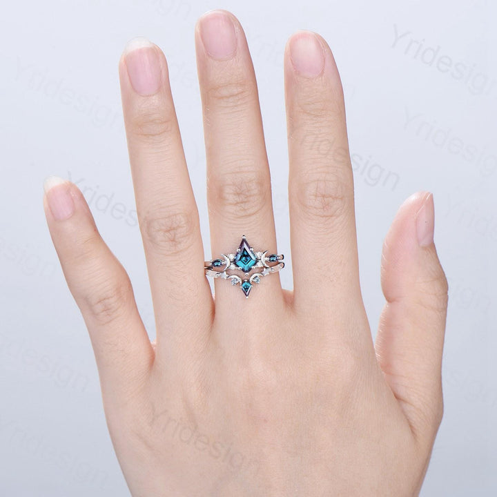 Black gold kite cut alexandrite engagement ring set Crescent moon star color change June birthstone ring unique gothic bridal ring set women - PENFINE