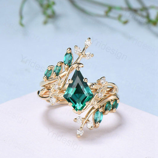 18K yellow gold kite cut emerald engagement ring set cluster emerald diamond engagement ring nature inspired may birthstone wedding ring set - PENFINE
