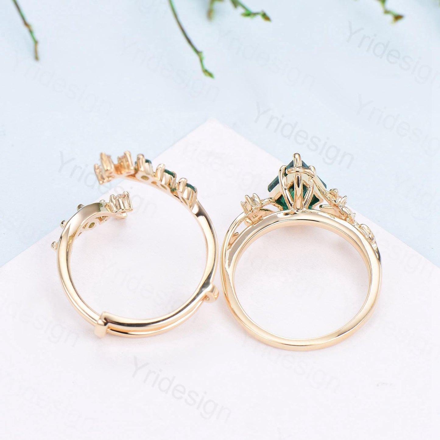18K yellow gold kite cut emerald engagement ring set cluster emerald diamond engagement ring nature inspired may birthstone wedding ring set - PENFINE
