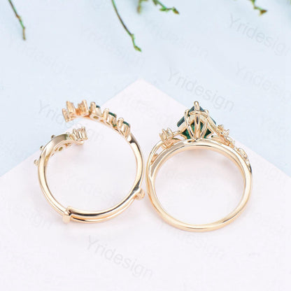 18K yellow gold kite cut emerald engagement ring set cluster emerald diamond engagement ring nature inspired may birthstone wedding ring set - PENFINE
