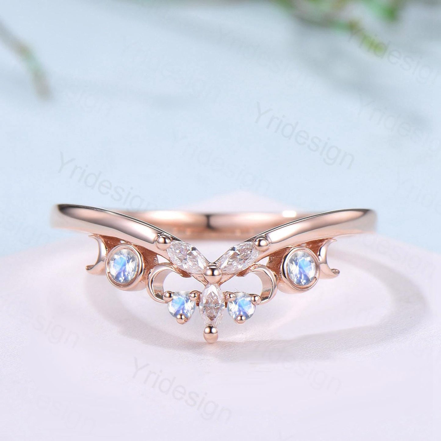 Curved Moonstone Wedding Band 14k rose gold celtic knot Marquise cut wedding ring Unique Stacking matching ring Promise Anniversary band - PENFINE