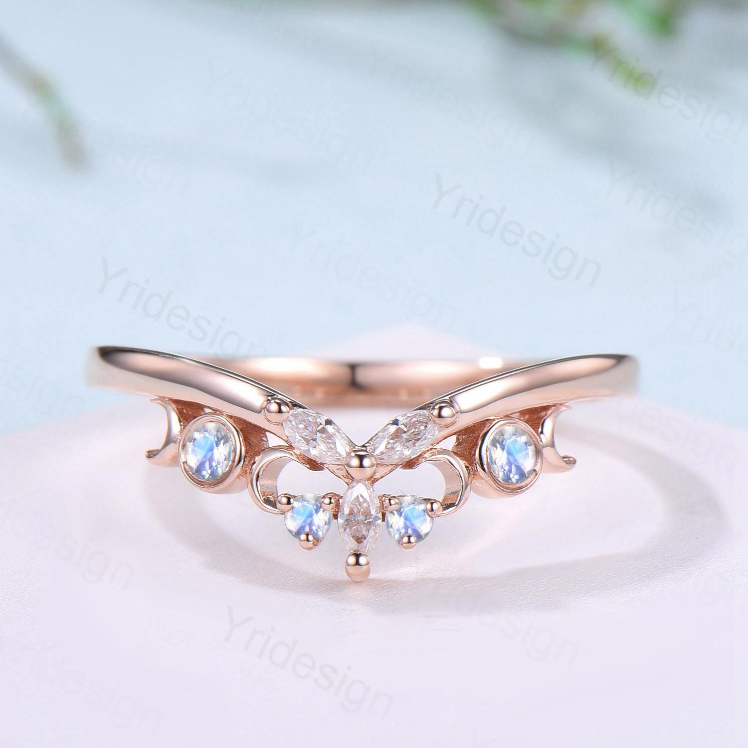 Curved Moonstone Wedding Band 14k rose gold celtic knot Marquise cut wedding ring Unique Stacking matching ring Promise Anniversary band - PENFINE