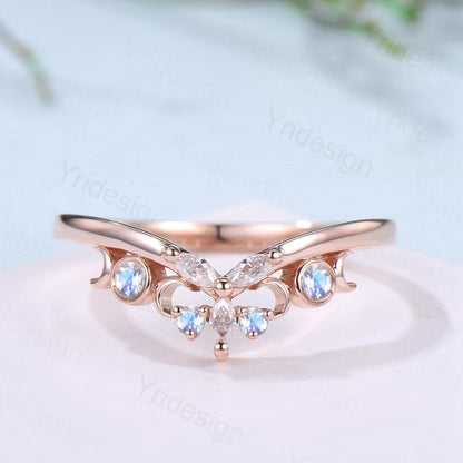 Curved Moonstone Wedding Band 14k rose gold celtic knot Marquise cut wedding ring Unique Stacking matching ring Promise Anniversary band - PENFINE